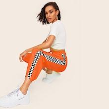Romwe Neon Orange Checked Panel Carrot Pants