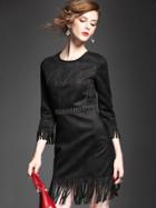 Romwe Black Round Neck Length Sleeve Tassel Dress