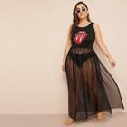 Romwe Plus Mouth Print Contrast Mesh Cover Up