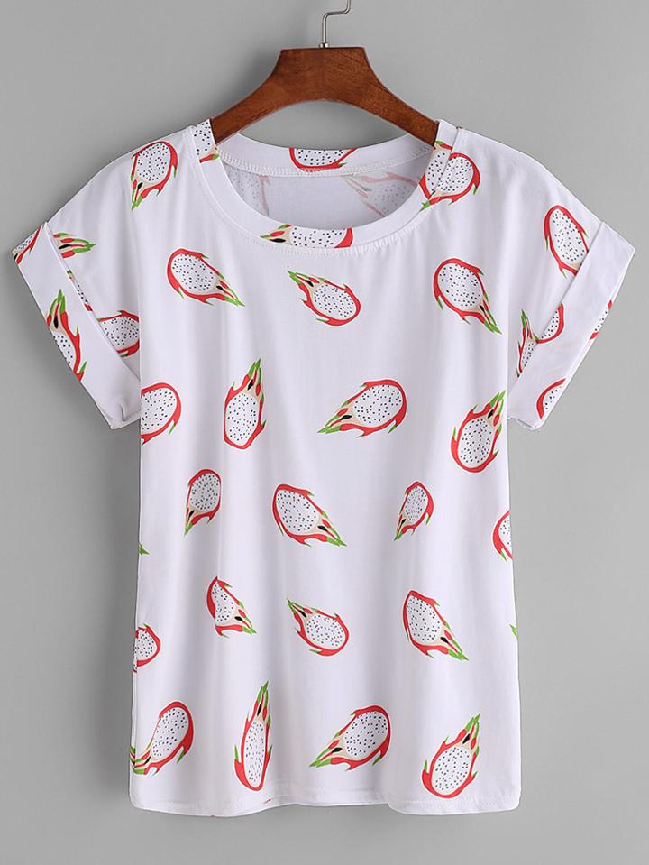 Romwe White Dragon Fruit Print Cuffed T-shirt