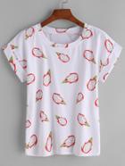 Romwe White Dragon Fruit Print Cuffed T-shirt