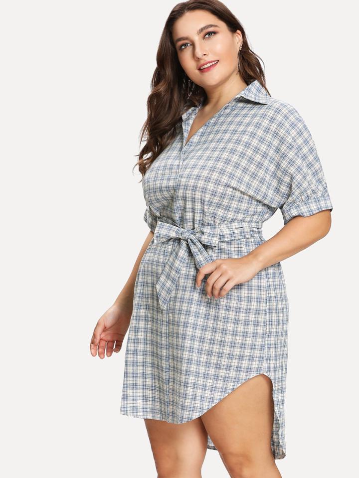 Romwe Self Tie Waist Dip Hem Checked Dress