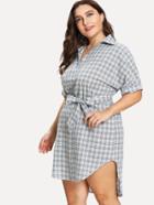 Romwe Self Tie Waist Dip Hem Checked Dress