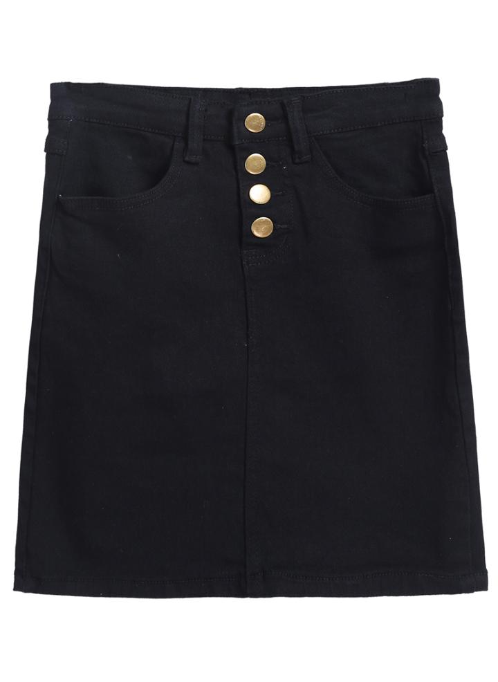 Romwe Single-breasted Denim Bodycon Black Skirt