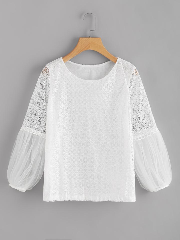 Romwe Mesh Puff Sleeve Lace Top