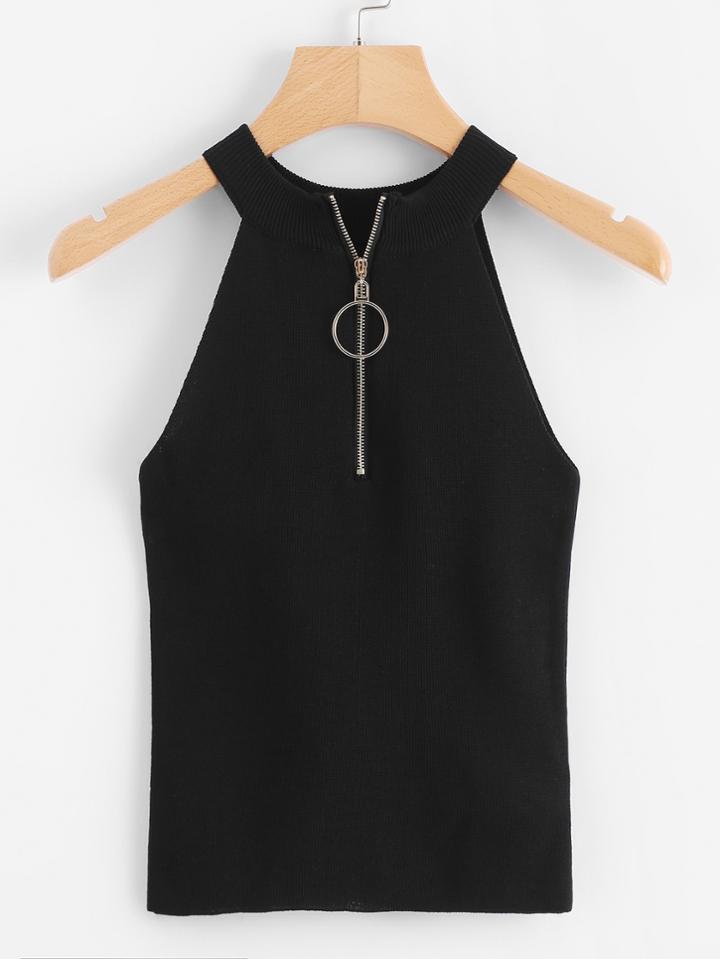 Romwe Ribbed Neck Zip Up Front Knit Top