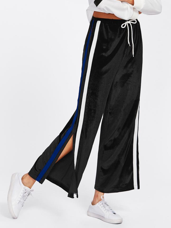 Romwe Split Striped Side Drawstring Waist Velvet Pants