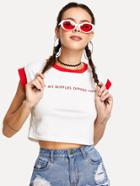 Romwe Contrast Trim Letter Print Crop Tee