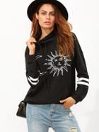Romwe Black Graphic Print Funnel Collar Striped Sleeve Sweatshirt