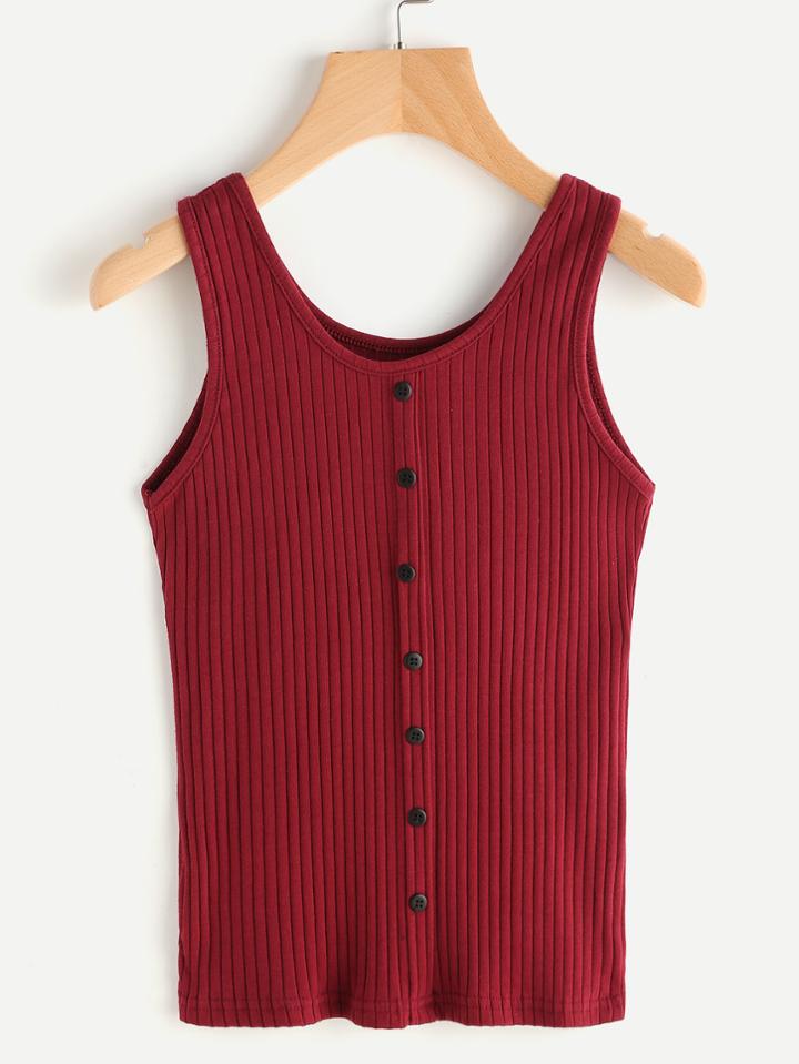 Romwe Button Front Ribbed Tank Top