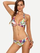 Romwe Multicolor Ruffled Flower Print Bikini Set