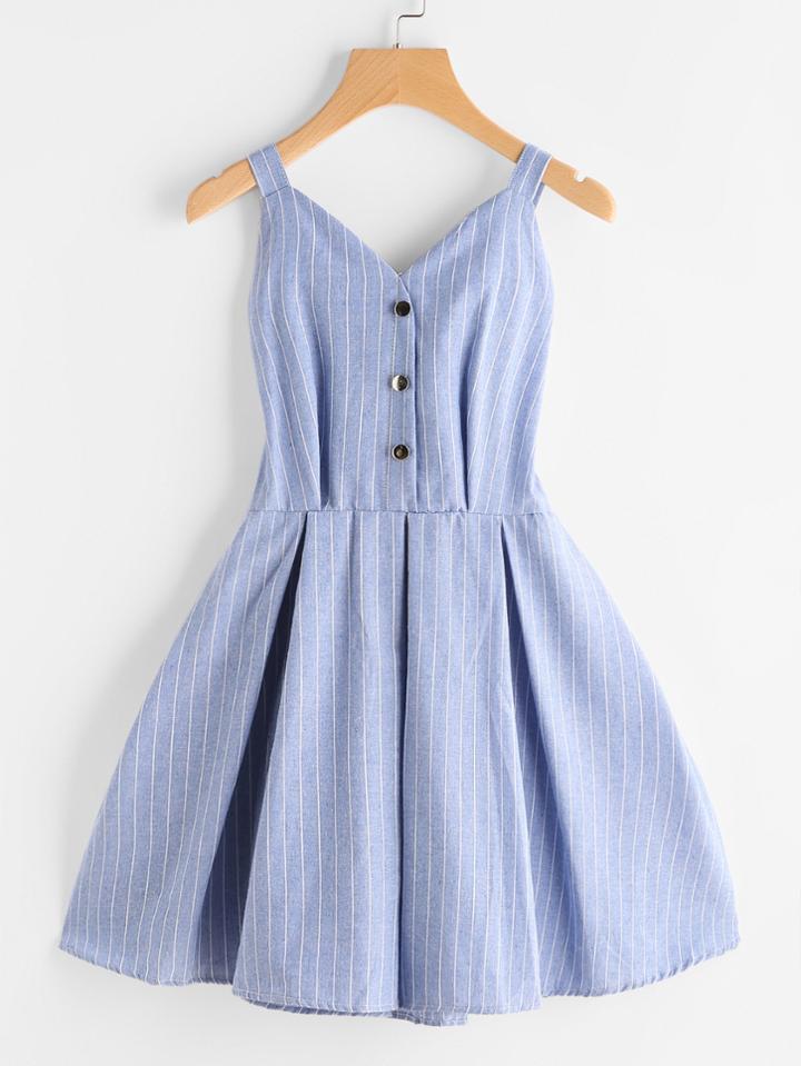 Romwe Striped Front Knotted Back Box Pleated Dress