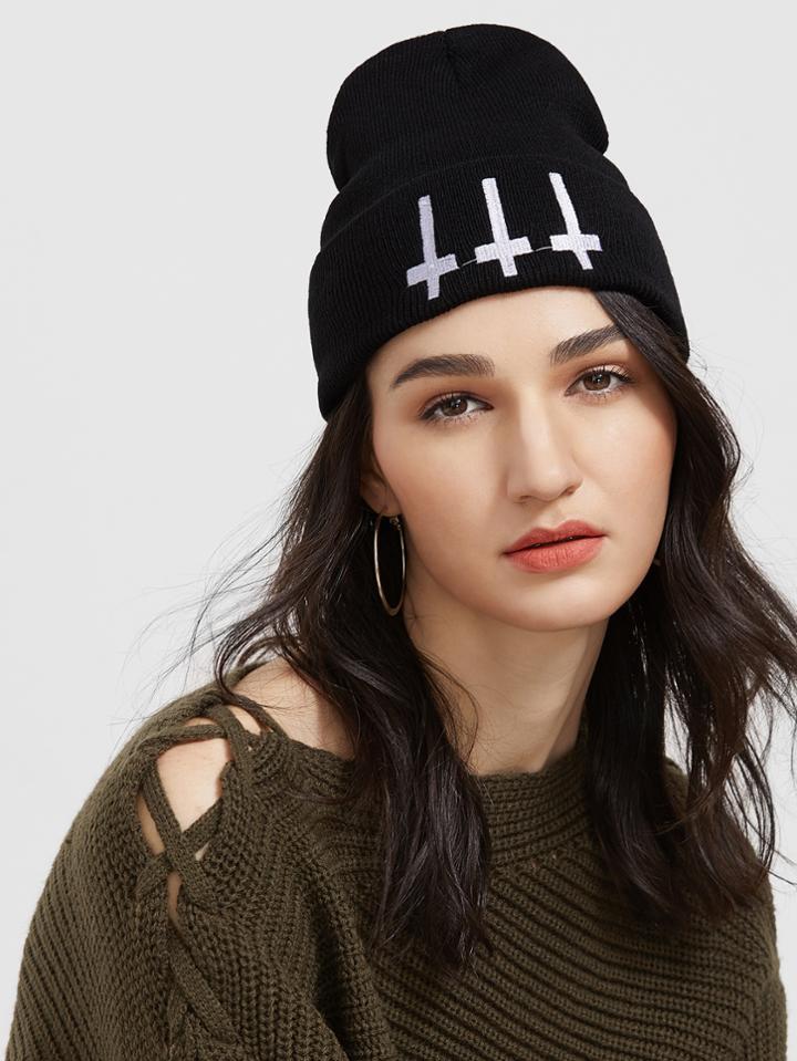 Romwe Black Cross Ribbed Knit Beanie Hat