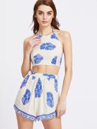 Romwe Printed Random Open Back Bow Tie Crop Top With Shorts
