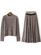 Romwe Khaki Round Neck Ribbed Sweater With Pleated Skirt