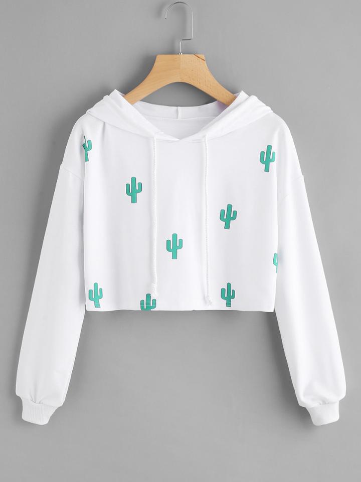 Romwe Cactus Print Hooded Crop Sweatshirt