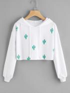 Romwe Cactus Print Hooded Crop Sweatshirt
