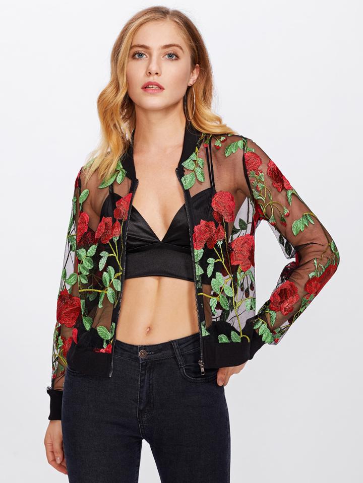 Romwe Rose Embroidered Mesh Bomber Jacket