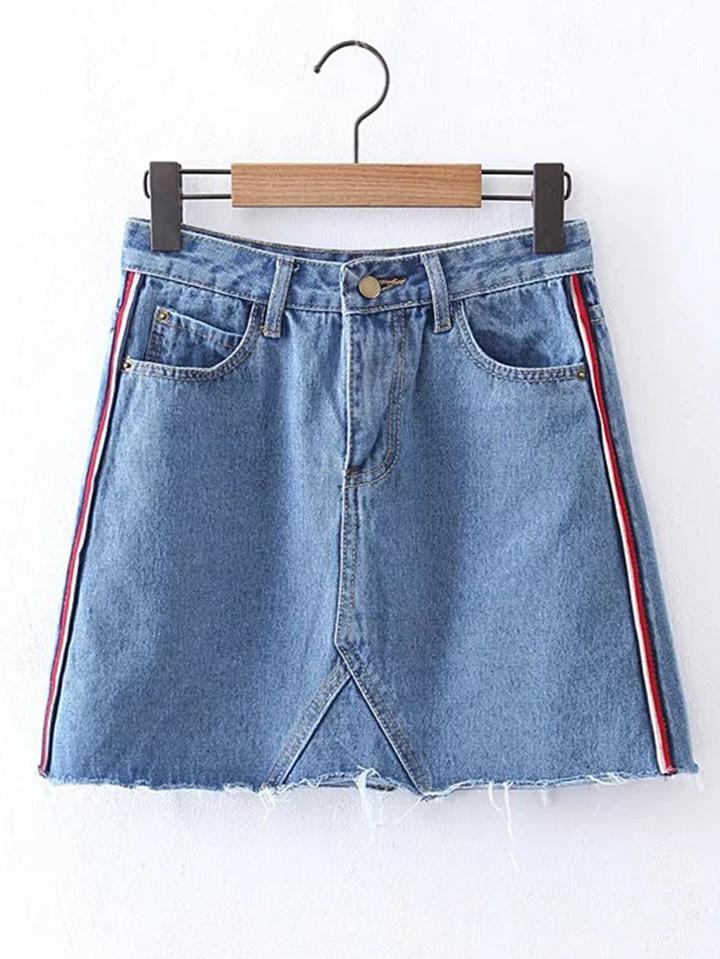 Romwe Striped Side A Line Denim Skirt