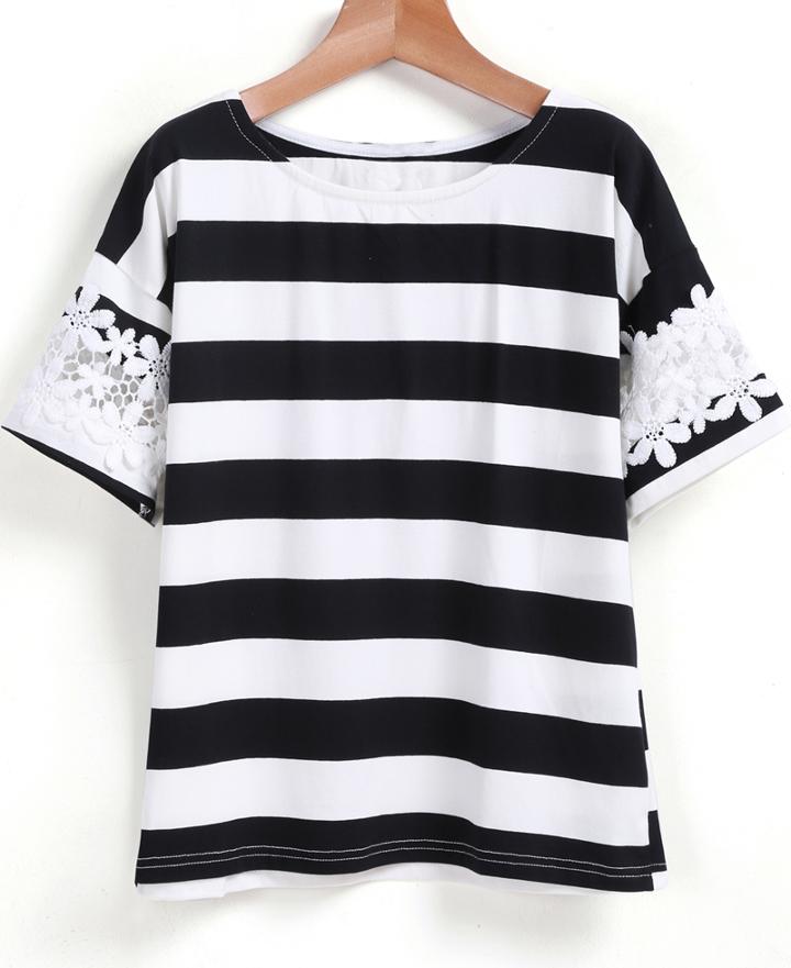 Romwe Contrast Lace Striped T-shirt