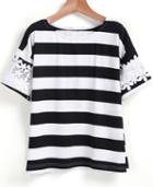 Romwe Contrast Lace Striped T-shirt