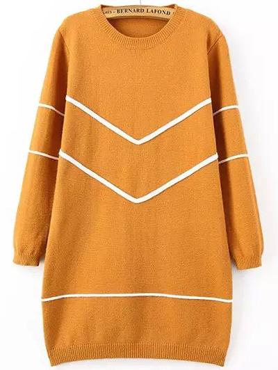 Romwe Long Sleeve Striped Khaki Sweater Dress