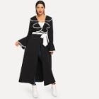 Romwe Tie Waist Bell Sleeve Ruffle Longline Coat