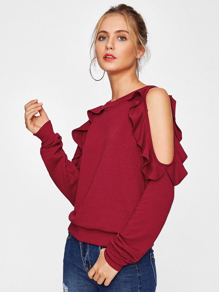 Romwe Open Shoulder Ruffle Trim Sweatshirt