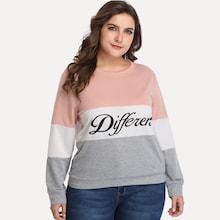 Romwe Plus Letter Print Color-block Sweatshirt