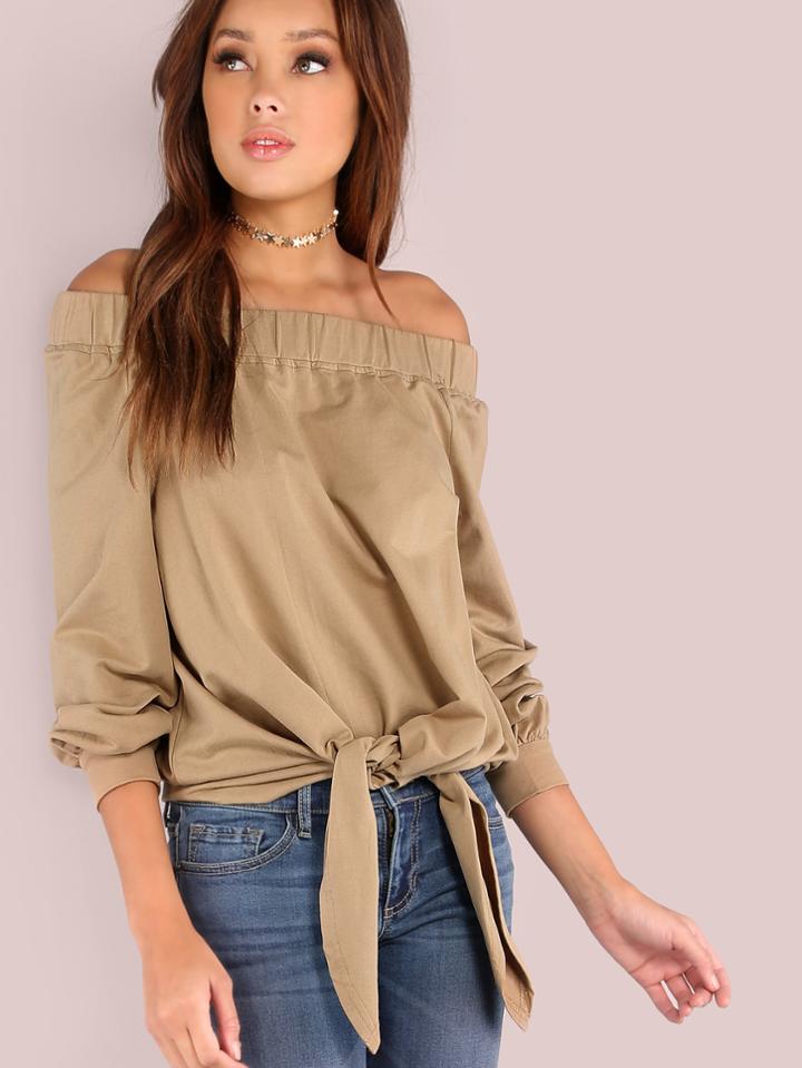 Romwe Off The Shoulder Front Tie Pullover Khaki