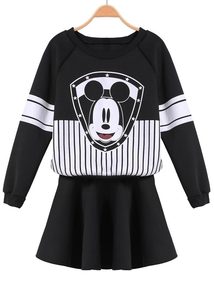 Romwe Mickey Print Striped Sweatshirt With Skirt