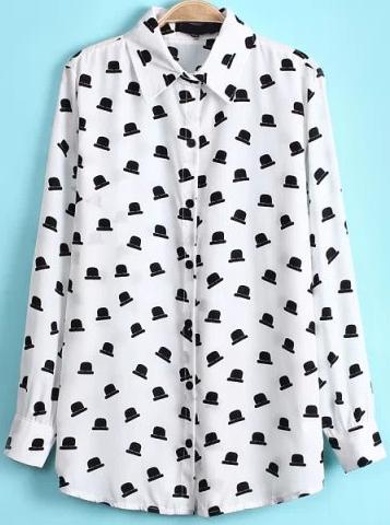 Romwe White Hats Print Lapel Chiffon Blouse