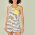 Romwe Neon Yellow Pocket Patched Striped Ringer Romper