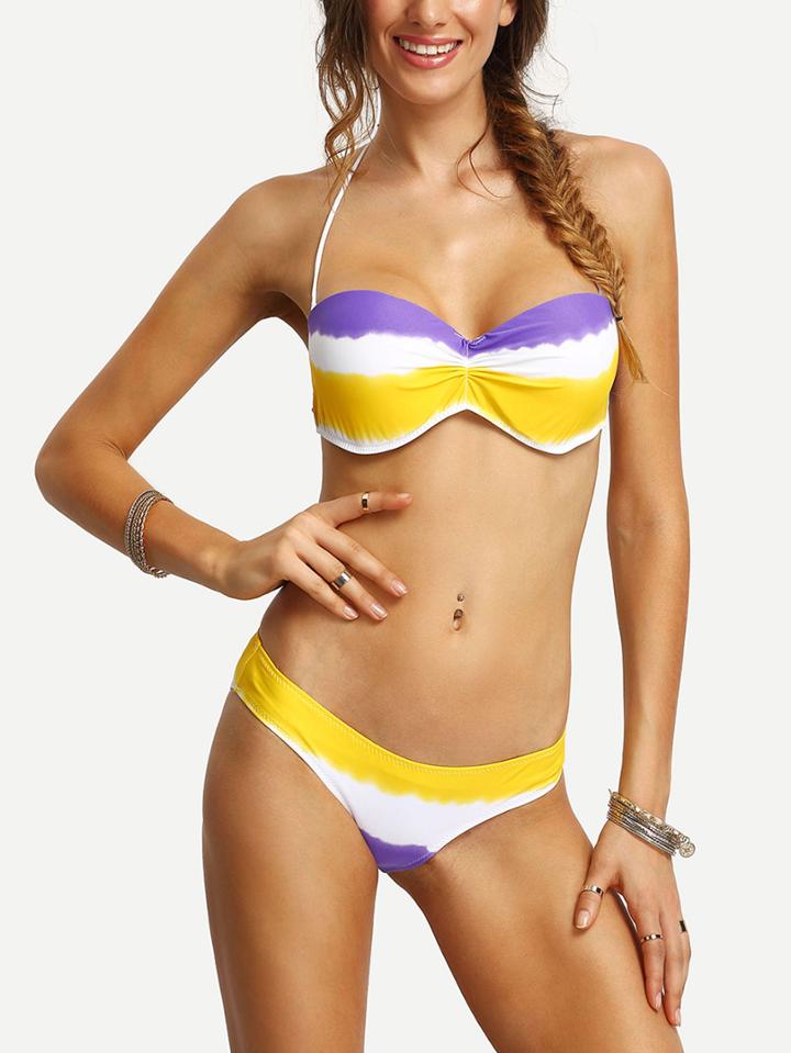 Romwe Halter Ombre Bikini Set - Yellow