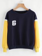 Romwe Contrast Sleeve Varsity Print Sweatshirt