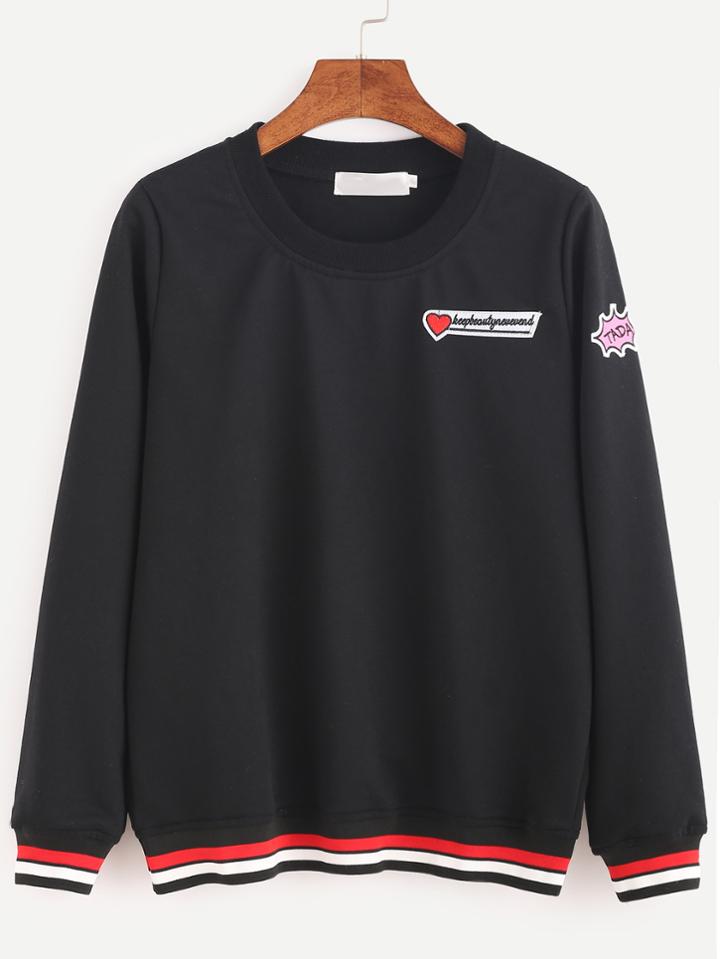 Romwe Black Striped Trim Patch Sweatshirt