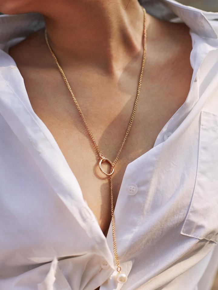 Romwe Faux Pearl Pendant Chain Necklace