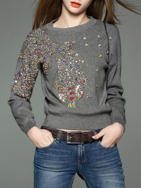 Romwe Grey Fish Beading Knit Sweatshirt