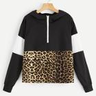 Romwe Half Placket Leopard Panel Colorblock Sweatshirt