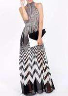 Romwe Halter Vertical Striped Chiffon Maxi Dress