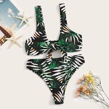 Romwe Palm Print Knot Front Bikini Set