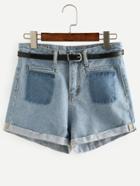 Romwe Blue Belted Welt Pocket Denim Shorts
