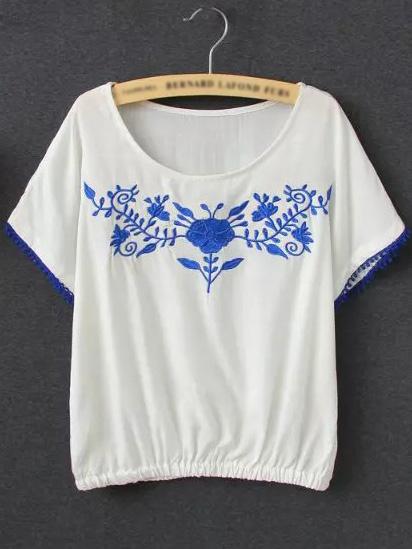 Romwe White Embroidery Elastic Waist Blouse
