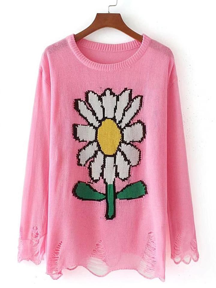 Romwe Flower Pattern Ripped Knitwear