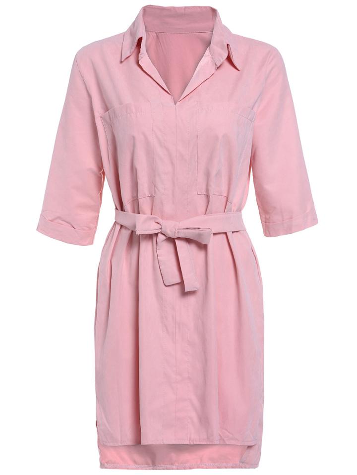 Romwe Lapel Self-tie High Low Dress