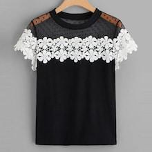Romwe Plus Guipure Lace Contrast Mesh Blouse