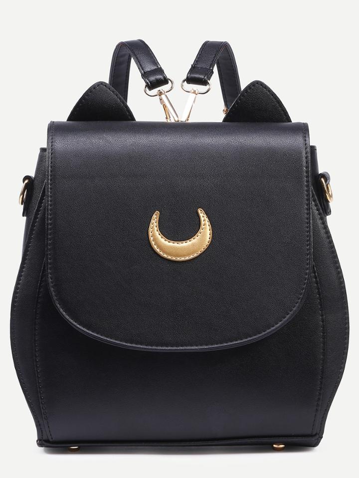 Romwe Black Crescent Patch Flap Backpack