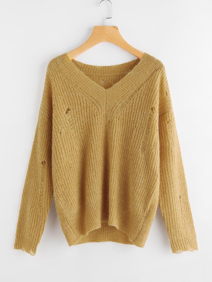 Romwe Drop Shoulder Distressed Jumper