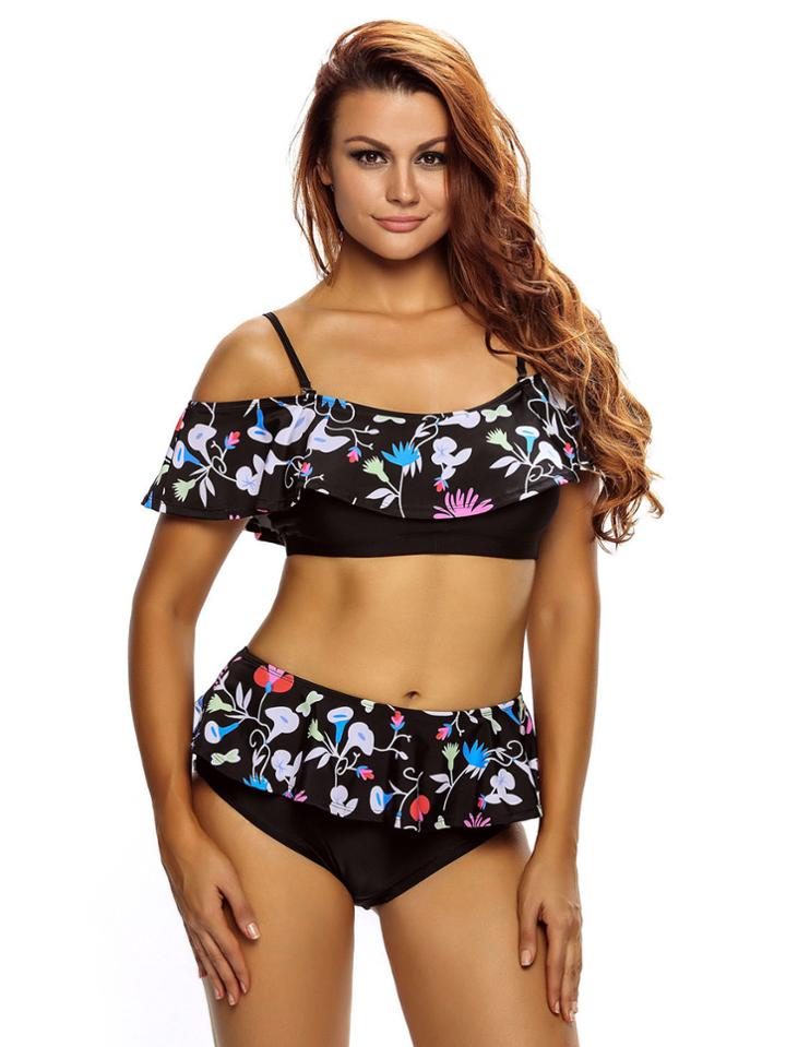 Romwe Black Floral Print Ruffle Detail Bikini Set