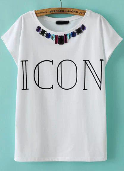 Romwe White Short Sleeve Icon Print Rhinestone T-shirt